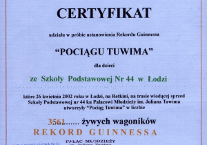 Certyfikat ustanowienia Rekordu Guinnessa "Pociągu Tuwima"